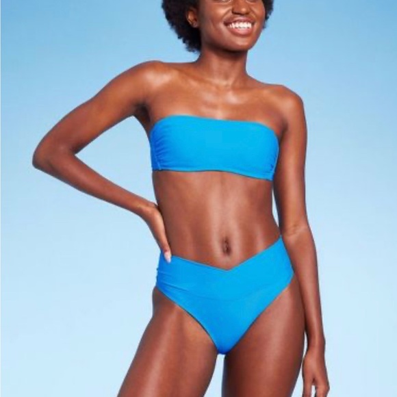 WILD FABLE WOMENS CROSSOVER HIGH LEG CHEEKY MID-RISE BIKINI BOTTOMS BLUE NWT - Picture 5 of 9